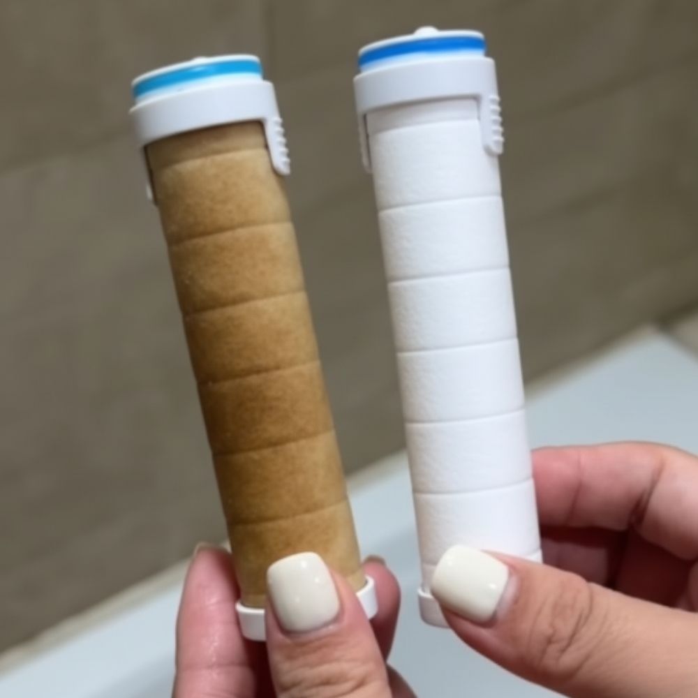 Zoom Comparaison filtres pommeau de douche avant/après